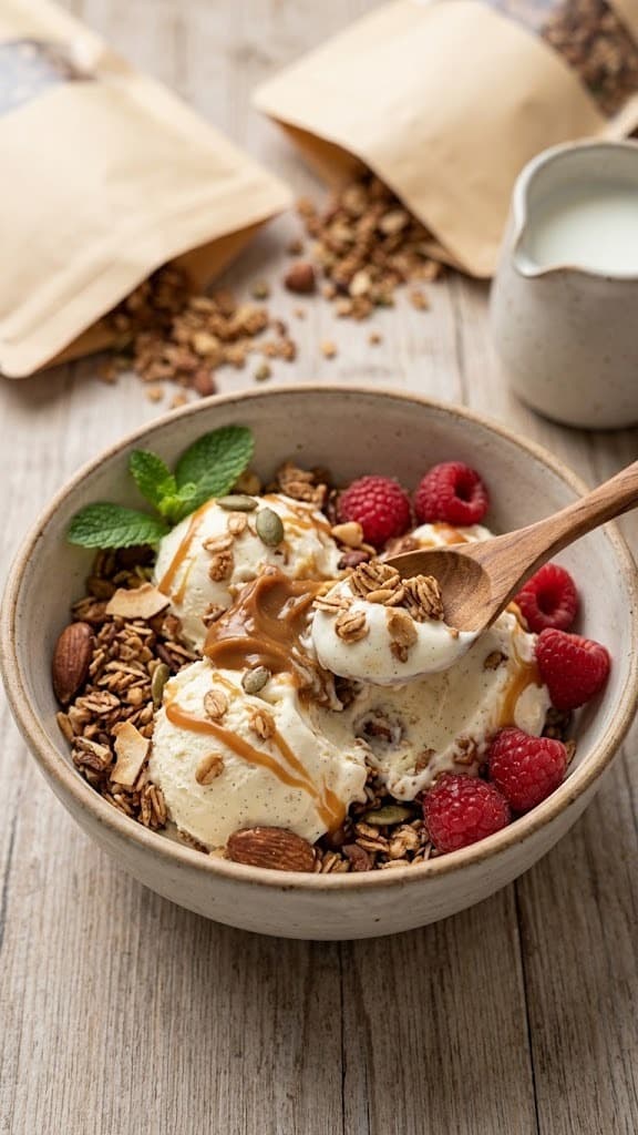 Bowl de helado con granola y frambuesas