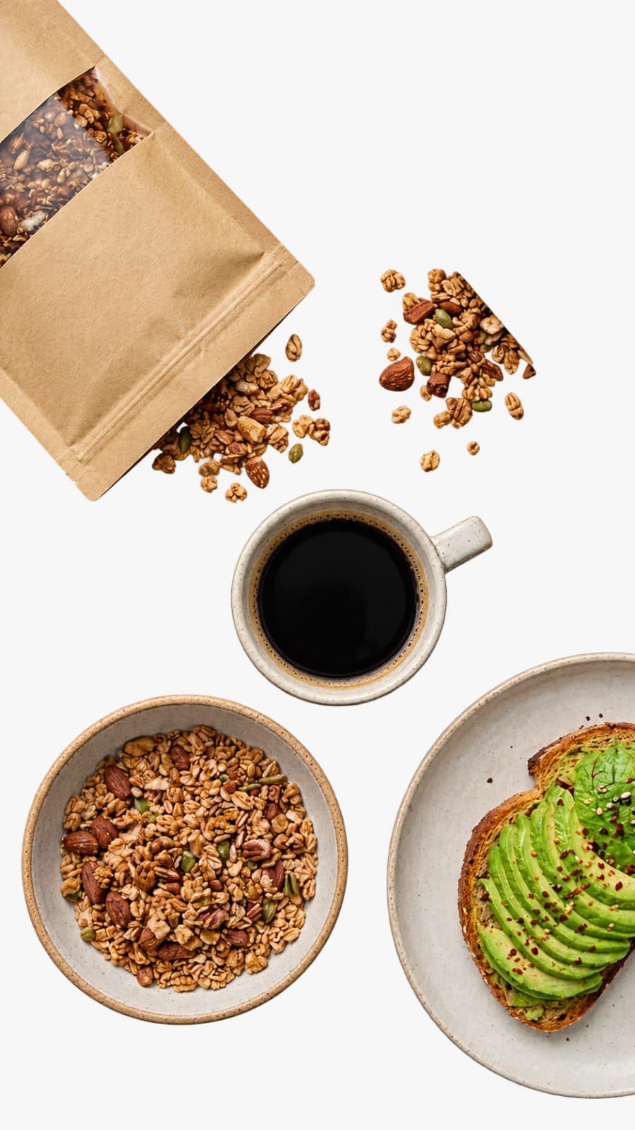 Bolsa de granola Nuto & Nola abierta con granola regada
